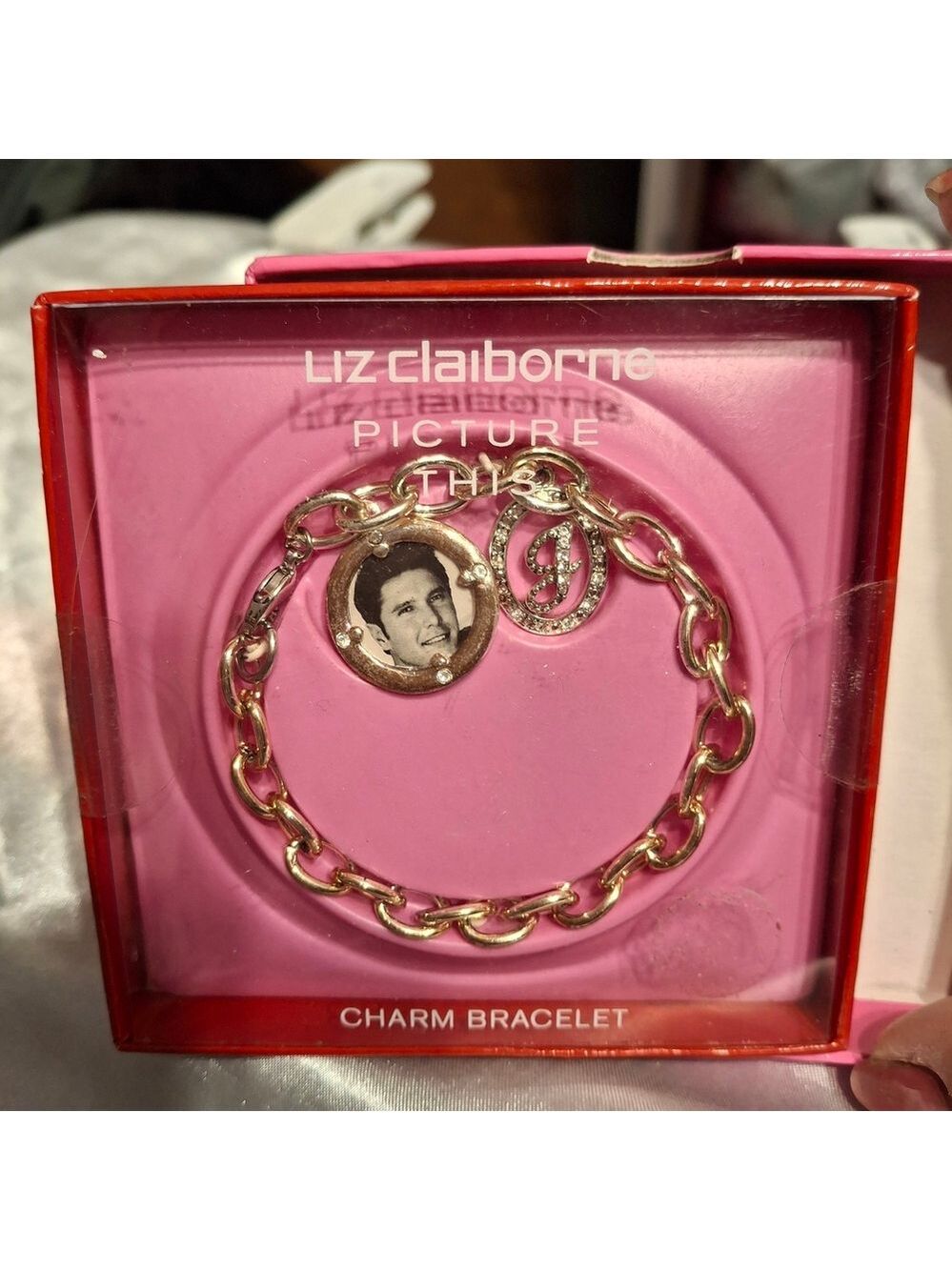 Liz Claiborne Silver "J" Charm With Picture Frame Charm Bracelet New In Box
